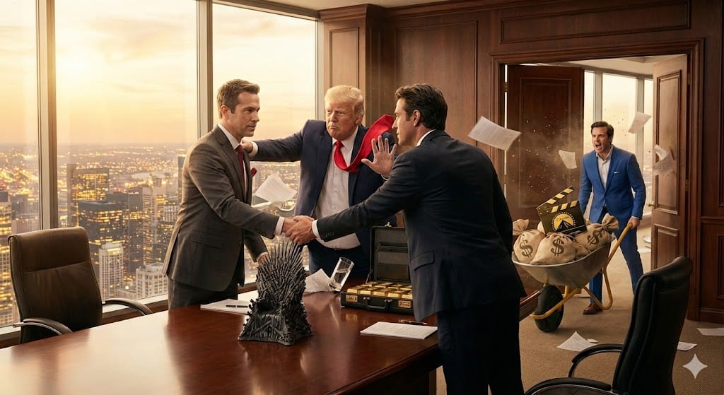 Imagen ilustrativa sobre el acuerdo entre Netflix y Warner Bros, interrumpido por Paramount y Donald Trump. Vía IA.