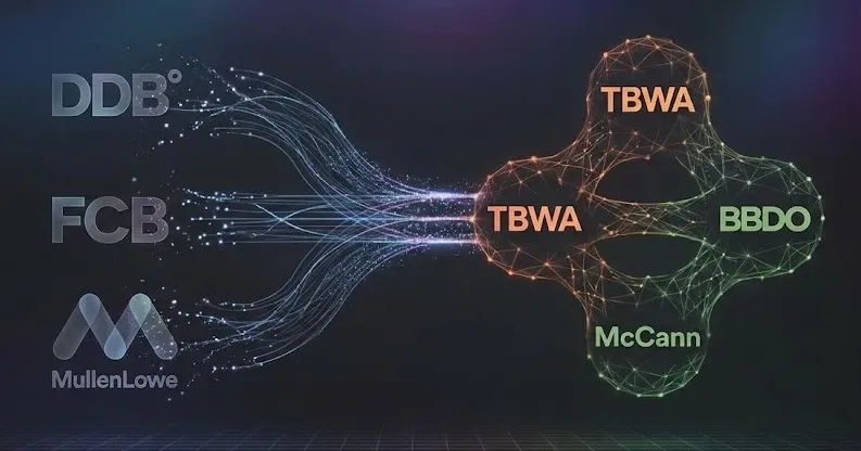 Metáfora visual de la desaparición de las agencias FCB, DDB y MullenLowe tras la reestructura de Omnicom-IPG. Imagen: IA.