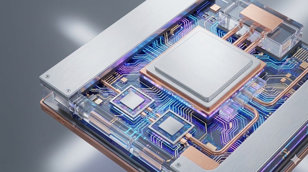 Render conceptual de un chip avanzado tipo Blackwell con circuitos brillantes y estética tecnológica. Imagen: IA.