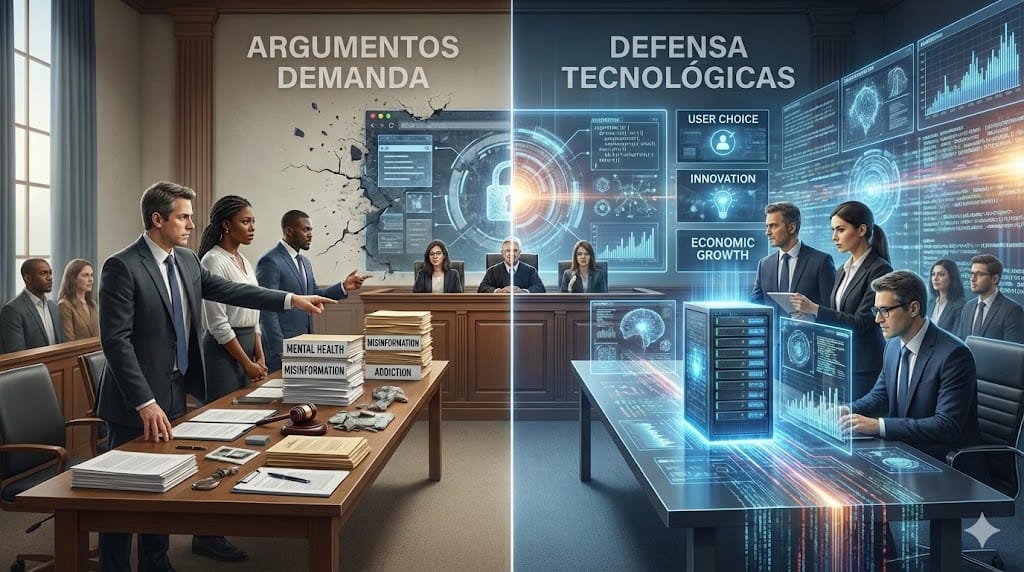 Argumentos de la demanda y defensa de las tecnológicas. Imagen: IA.