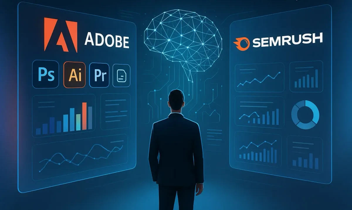 Imagen conceptual que representa la adquisición de Semrush por Adobe y la integración de sus capacidades de SEO e inteligencia artificial. Imagen: IA.