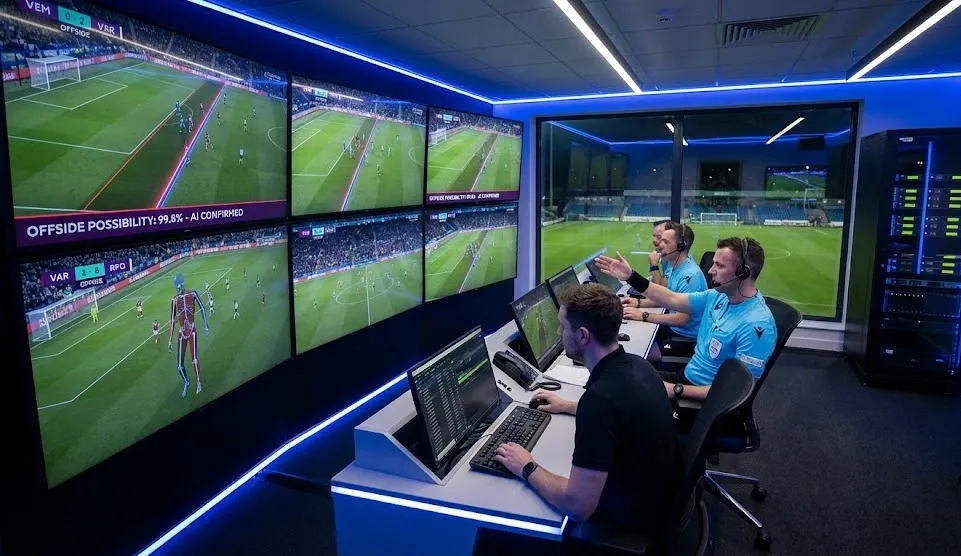 VAR con IA: el nuevo arbitraje del fútbol mundial. Imagen vía IA.
