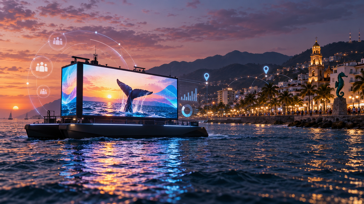 Una pantalla sobre el mar de Puerto Vallarta abre una pregunta incómoda para el DOOH: ¿todo espacio visible debe convertirse en publicidad? Imagen destacada de la publicación