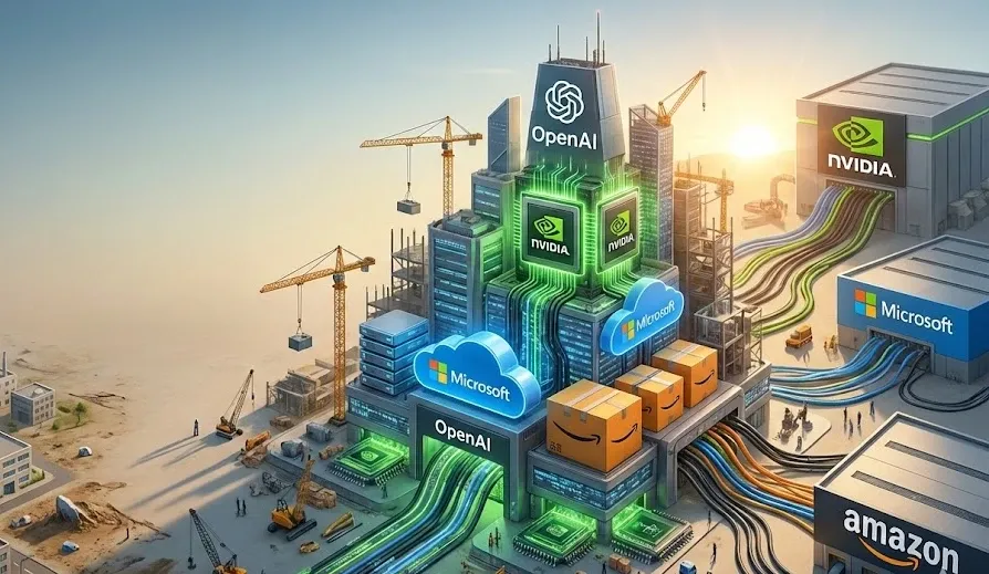 OpenAI en el centro del poder tecnológico: Nvidia, Microsoft y Amazon evalúan inversión multimillonaria. Imagen: IA.