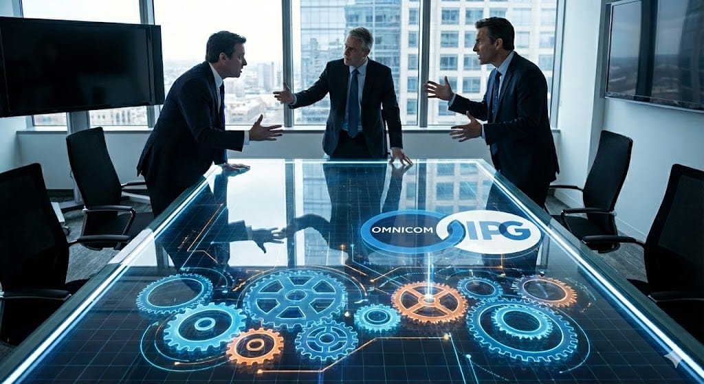 Imagen ilustrativa sobre la consolidaron de compra de IPG por Omnicom, creando el mayor holding publicitario del mundo. Imagen: IA.