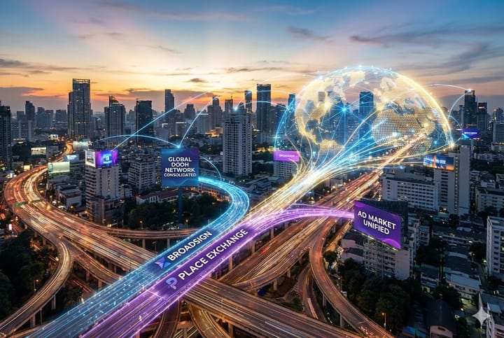 Broadsign compra Place Exchange consolidación DOOH programático global. Imagen: IA.