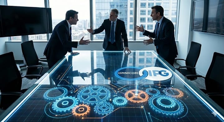 Imagen ilustrativa sobre la consolidaron de compra de IPG por Omnicom, creando el mayor holding publicitario del mundo. Imagen: IA.