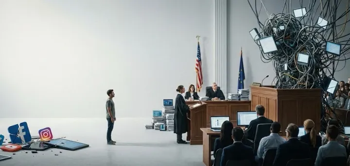 Las redes sociales, en el banquillo: El juicio que amenaza los algoritmos en 2026. Imagen: IA.